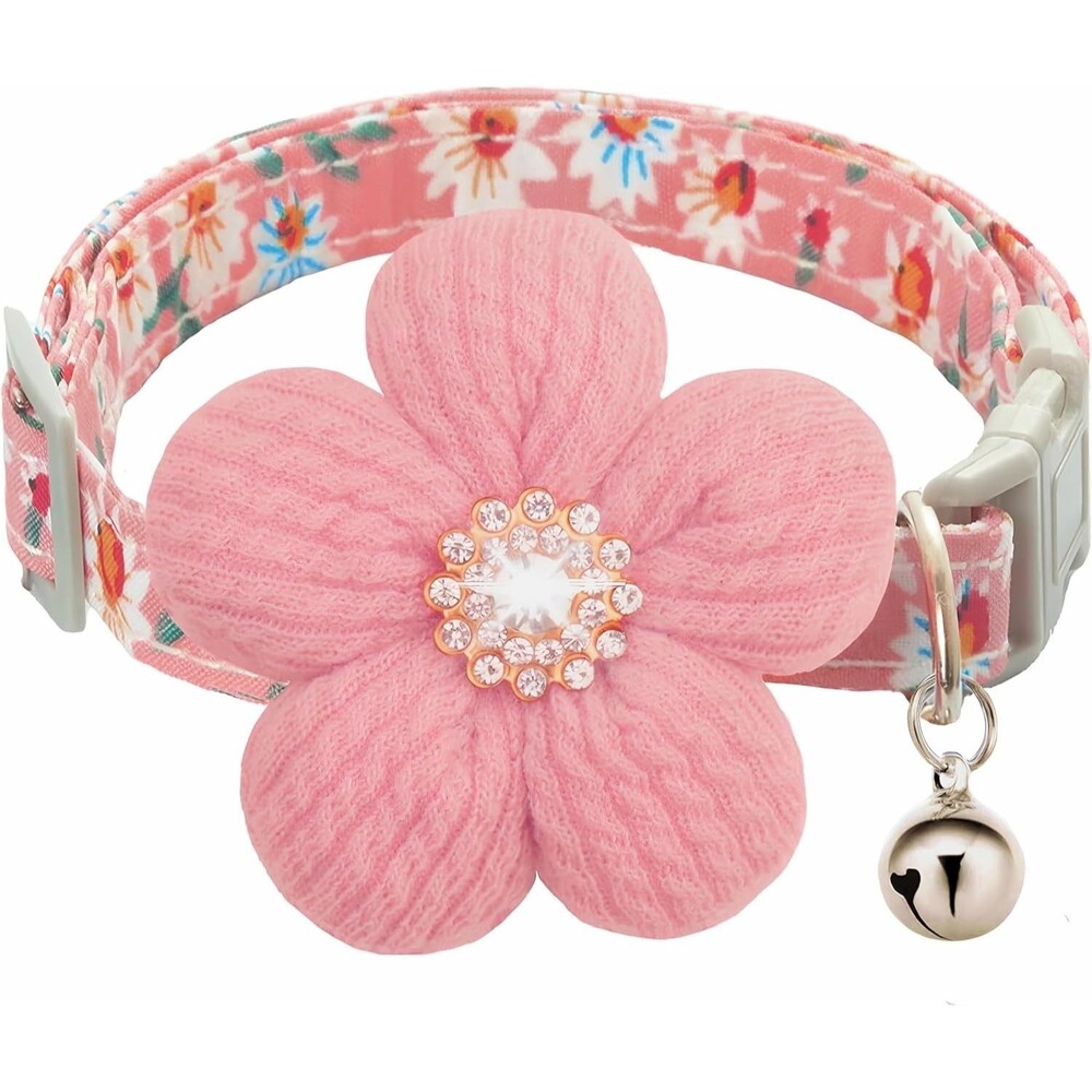 Cozirae Pink Flower Dog Collar with Bell, Size Medium